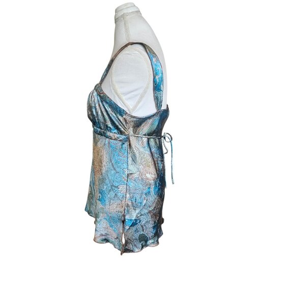 Y2K Satin Babydoll Tank Blouse Paisley Blue Brown Forest Fairy Jrs Sz L XL VTG - Picture 6 of 10